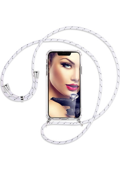 Samsung Galaxy J7 Prime Kılıf Boyun Omuz Askılı Beyaz iPli Kordonlu Anti Şok Köşe Korumalı Şeffaf Silikon X-ROP