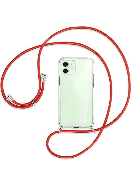 Apple iPhone 12 Kılıf Boyun Omuz Askılı Kırmızı iPli Kordonlu Anti Şok Köşe Korumalı Şeffaf Silikon X-ROP