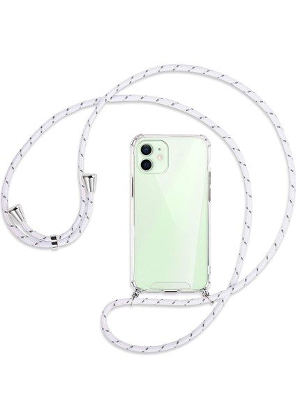Apple iPhone 12 Kılıf Boyun Omuz Askılı Beyaz iPli Kordonlu Anti Şok Köşe Korumalı Şeffaf Silikon X-ROP