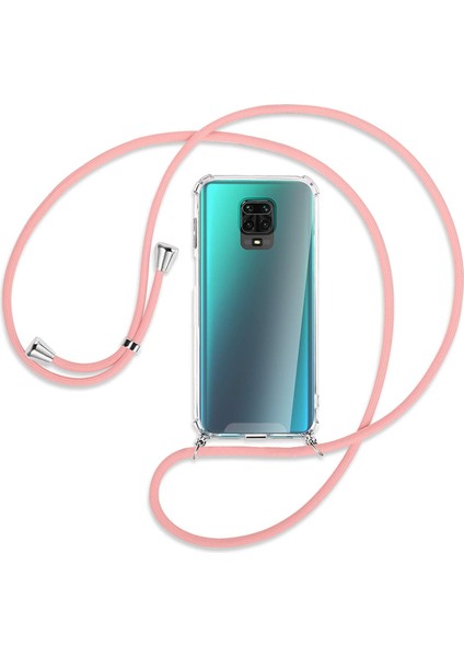 Xiaomi Redmi Note 9 PRO MAX Kılıf Boyun Omuz Askılı Pembe iPli Kordonlu Anti Şok Köşe Korumalı Şeffaf Silikon X-ROP