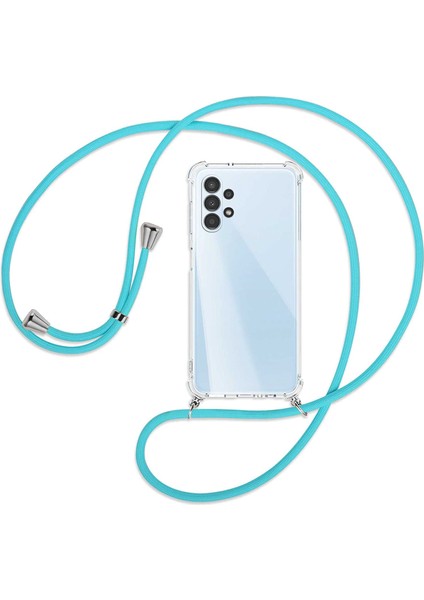 Samsung Galaxy A13 Kılıf Boyun Omuz Askılı Turkuaz iPli Kordonlu Anti Şok Köşe Korumalı Şeffaf Silikon X-ROP
