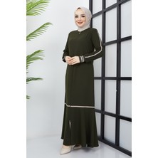 Hafsa Mina Çizgi Detaylı Haki Ferace