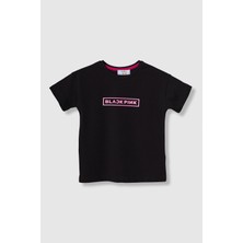 Mrs & Kids Blckpink Oversize Kız Çocuk Baskılı Bisiklet Yaka %100 Pamuk Siyah Tişört