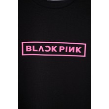 Mrs & Kids Blckpink Oversize Kız Çocuk Baskılı Bisiklet Yaka %100 Pamuk Siyah Tişört