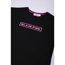 Mrs & Kids Blckpink Oversize Kız Çocuk Baskılı Bisiklet Yaka %100 Pamuk Siyah Tişört