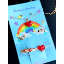 Queen Aksesuar Kalp Metal Pens Yan Toka Yüzük Kolye Kristal Taş Küpe Altın Renk Set