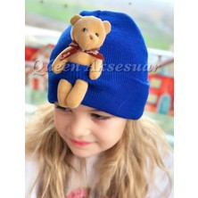 Queen Aksesuar Trend Moda Özel Tasarım Sevimli Peluş Ayıcıklı Yetişkin Erkek Kız Unisex Çocuk Şapkası Saks Mavi