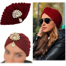 Queen Aksesuar Trend Lüks Özel Tasarım Örme Örgü Kristal Taşlı Broşlu Iğneli Türban Bone Şapka Düğümlü Bere Kadın