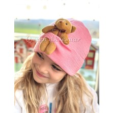 Queen Aksesuar Trend Moda Özel Tasarım Sevimli Büyük Peluş Ayıcıklı Erkek Kız Unisex Çocuk Şapkası Pembe Şapka