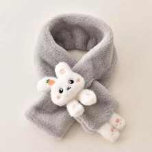 Queen Aksesuar Yeni Moda Sevimli Oyuncak Tavşan Pofuduk 1-15 Yaş Çocuk Tüylü Peluş Kaşmir Atkı Boyunluk Gri