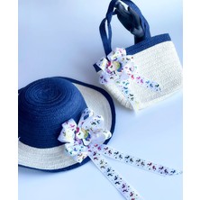 Queen Aksesuar Özel Tasarım Lüks Kız Çocuk Hasır Şapka Plaj Çanta Takım Set Turkuaz Mavi Gökkuşağı Lolipop Fiyonklu