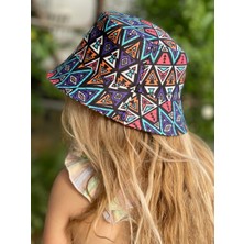 Queen Aksesuar Unisex Kız Erkek Çocuk Bucket Baget Şapka Rengarenk Renkli Otantik Geometrik Şekil Desenli