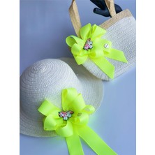 Queen Aksesuar Özel Tasarım Lüks Prenses Kız Çocuk Hasır Şapka Plaj Çanta Takım Set Neon Sarı Unicorn At