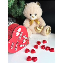 Queen Aksesuar Sevgililer Günü Özel Lüks Peluş Gold Oyuncak Seni Seviyorum Ahşap Kalp Kutu Çikolata Hediye Set