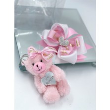 Queen Aksesuar Anneler Günü Lüks Çantalı Hediye Seti Peluş Ayıcık Anahtarlık Love Taşlı Kalp Fiyonk Toka Pembe