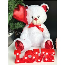 Queen Aksesuar Dev Parlak Kırmızı Kalp Balonlu Sevimli Peluş Oyuncak Ayıcık Love Masa Gece Lambası Hediye Seti
