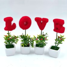 Queen Aksesuar Anneler  Günü Sevgiliye Hediye Love Aşk Kırmızı Yazılı Porselen Saksılı Yapay Çiçek  Seti