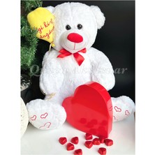 Queen Aksesuar Dev Boy 85CM Sevimli Beyaz Peluş Ayıcık Iyi Ki Doğdun Doğum Günü Balonlu Ayı Kırmızı Kalp Çikolata
