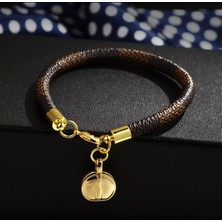 Queen Aksesuar Trend Moda Kahverengi Deri Kayışlı Gold Altın Kilitli Bileklik