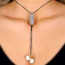 Siyah Zincirli Kristal Taş Uzun Inci Sarkıt Lüks Trend Kolye