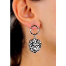 Gümüş Renk Kaplama Lüks Aslan Halka Sarkıt Küpe