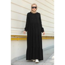 Neways 6531-KREP Kapşonlu Reglan Kollu Elbise Siyah