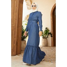 Neways 6561-KEMERLI Tensel Elbise Koyu Mavi