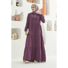 Neways 6531-KREP Kapşonlu Reglan Kollu Elbise Koyu Lila