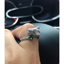 Queen Aksesuar Özel Tasarım Lüks Leopar Gümüş Renk Kaplama Zikron Parlak Taş Çelik Yüzük Kutulu