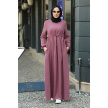 Neways 6497-KREP Süs Bağcıklı  Büzgülü  Elbise Gül Kurusu
