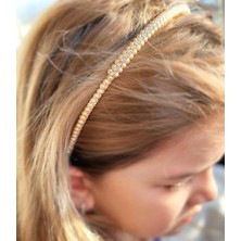 Queen Aksesuar Trend Moda Lüks Kristal Su Yolu 3 Sıra Inci Taşlı Metal Taç Kadın Çocuk Tacı Gold Altın