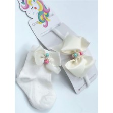 Queen Aksesuar Özel Tasarım Lüks Set Renkli Kristal Inci Taşlı Kız Bebek Çorap Saç Bantı Lastik Bandana Kırık Beyaz