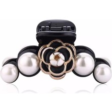 Queen Aksesuar Özel Tasarım Moda Lüks Çiçekli Büyük Inci Taşlı Mandal Toka Siyah Kamelya No.3