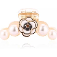 Queen Aksesuar Özel Tasarım Moda Lüks Çiçekli Büyük Inci Taşlı Mandal Toka Beyaz Kamelya Şeffaf