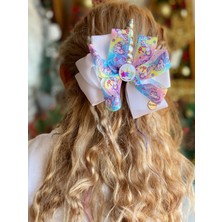 Queen Aksesuar Tasarım Lüks Unicorn Boynuzlu Gümüş Beyaz Rengarenk Gökkuşağı Büyük Fiyonk Klipsli Toka