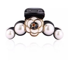 Queen Aksesuar Özel Tasarım Moda Lüks Çiçekli Büyük Inci Taşlı Mandal Toka Beyaz Kamelya