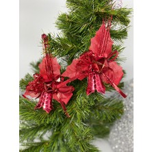 Queen Aksesuar Yeni Yıl Yılbaşı Çiçeği Özel Lüks Kırmızı Zilli Çanlı Çiçek Süs Çam Ağacı Sofra Sunum Tekli