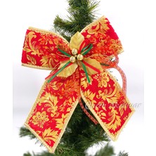 Queen Aksesuar Lüks Büyük Altın Gold  Işleme Motifli Kırmızı Kadife Süslü Fiyonk Dekorasyon Çam Ağacı Süsü 25CM