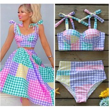 Queen Aksesuar Yeni Lüks Vintage Pastel Renkli Straplez Büstiyer Kareli Bağlamalı Yüksek Bel Kadın Bikini