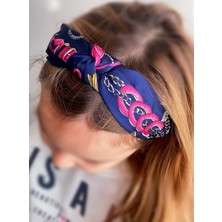 Queen Aksesuar Saten Düğümlü Geniş Eşarp Fular Zincir Desenli Taç Kadın Çocuk Tacı Lacivert