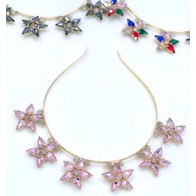 Queen Aksesuar Lüks Pembe Kristal Cam Taşlı Çiçekli  Altın Metal Taç Kadın Çocuk Tacı