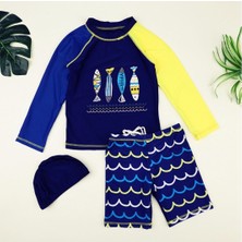 Queen Aksesuar Yüzücü Mayo Set Erkek Çocuk Balık Desenli Şort Bone Alt Üst Takım Sweat Mavi Uv Güneş Korumalı