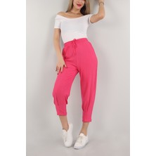 Kasheha Fuşya Paçası Büzgülü Beli Lastikli Bağcıklı Krinkıl Bürümcük Seul Kumaş Pantolon - KSH00291