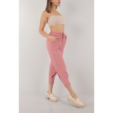 Kasheha Gül Kurusu Paçası Büzgülü Beli Lastikli Bağcıklı Krinkıl Bürümcük Seul Kumaş Pantolon - KSH00291