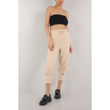 Siyah Kadın Bej Paçası Büzgülü Beli Lastikli Bağcıklı Krinkıl Bürümcük Seul Kumaş Pantolon - GİY00291