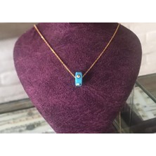 Bigakan Kadın Gümüş Kolye Mavi Boncuklu Altın Kaplama Ince Forse Zincir Gümüş Kolye 60CM