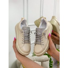 Erva'nın Butiği Bej Cilt (Nevada) Taş Detay Kadın Bağcıklı Sneakers
