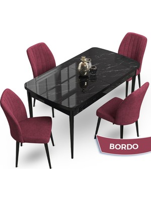 Canisa Concept Teo Serisi 80X132 Açılabilir Siyah Mermer Desen Yemek Masası 4 Sandalye Takımı