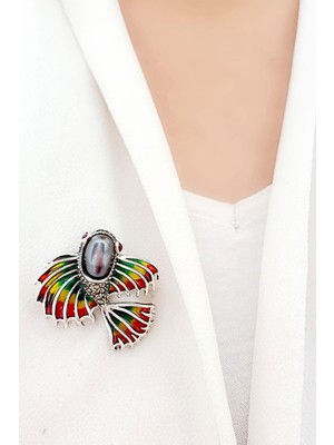 İnci Detaylı  balık Figürlü Özel Mineli Vitray İşçiliği 925ayar Gümüş Tasarım Yaka İğnesi Broş  ve Kolye