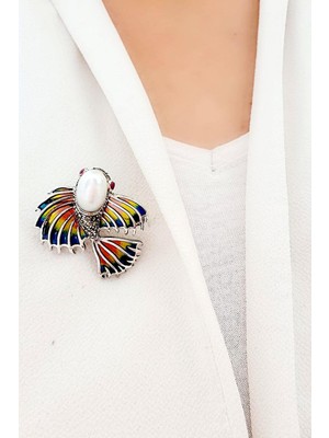 İnci Detaylı Balık  Figürlü Özel Mineli Vitray İşçiliği 925ayar Gümüş Tasarım Yaka İğnesi Broş  ve Kolye